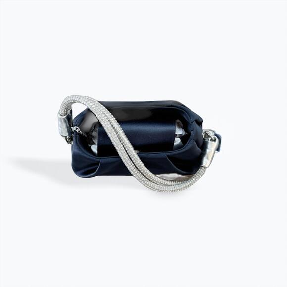 NEW CEJON satin pleated evening bag in navy/silver